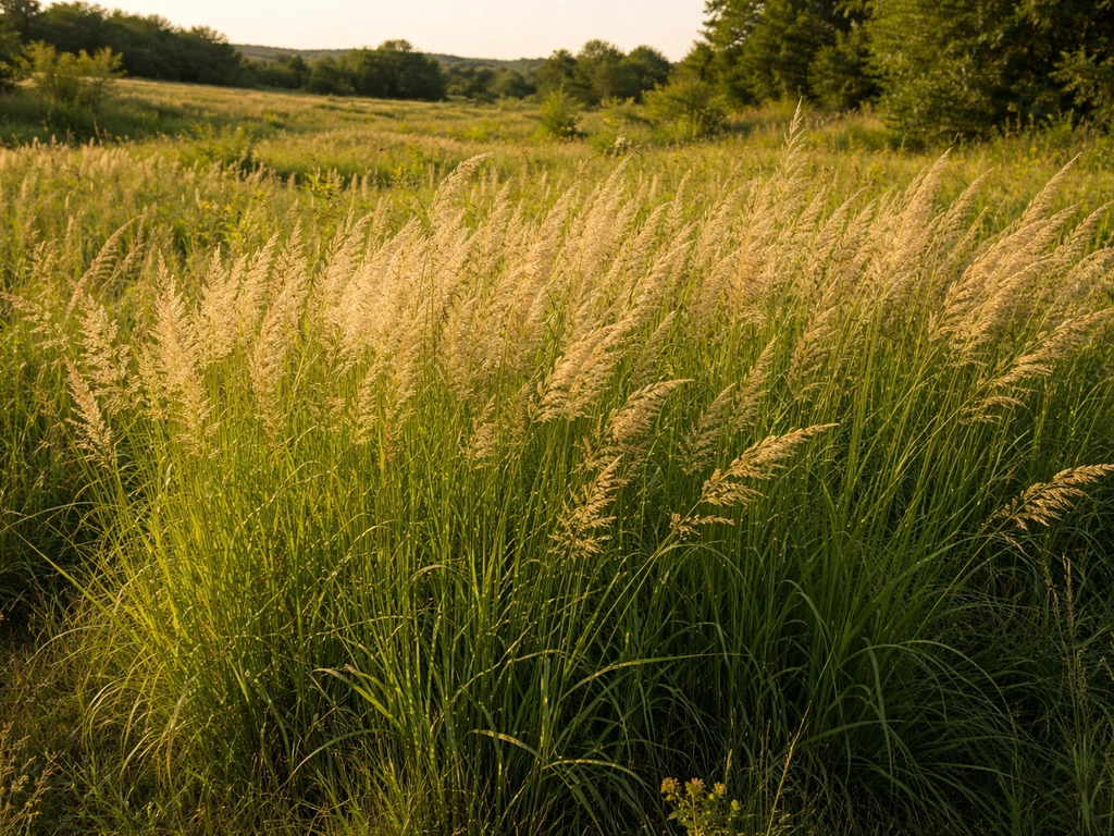 Thriving switchgrass clumps in a sunny prairie field edge under bright natural light.