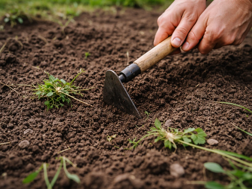 Hand using a small hoe to loosen soil and clear weeds in preparation for switchgrass seedbed