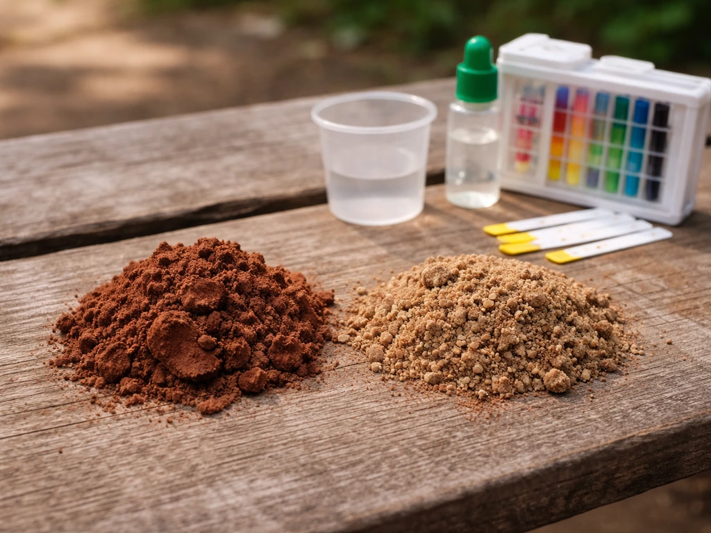 A handful of clay and sandy loam soil samples with a small at-home pH test kit on a wooden table