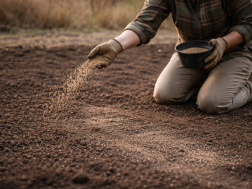 Anonymous gardener kneeling and broadcasting grass seed onto prepared bare soil, seed visibly landing on ground.