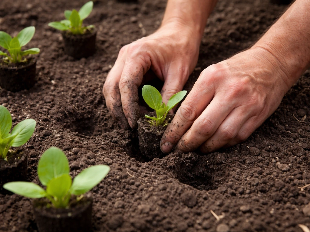 Gardening hands plant a green plug into dark soil, setting the crown level for establishment care.