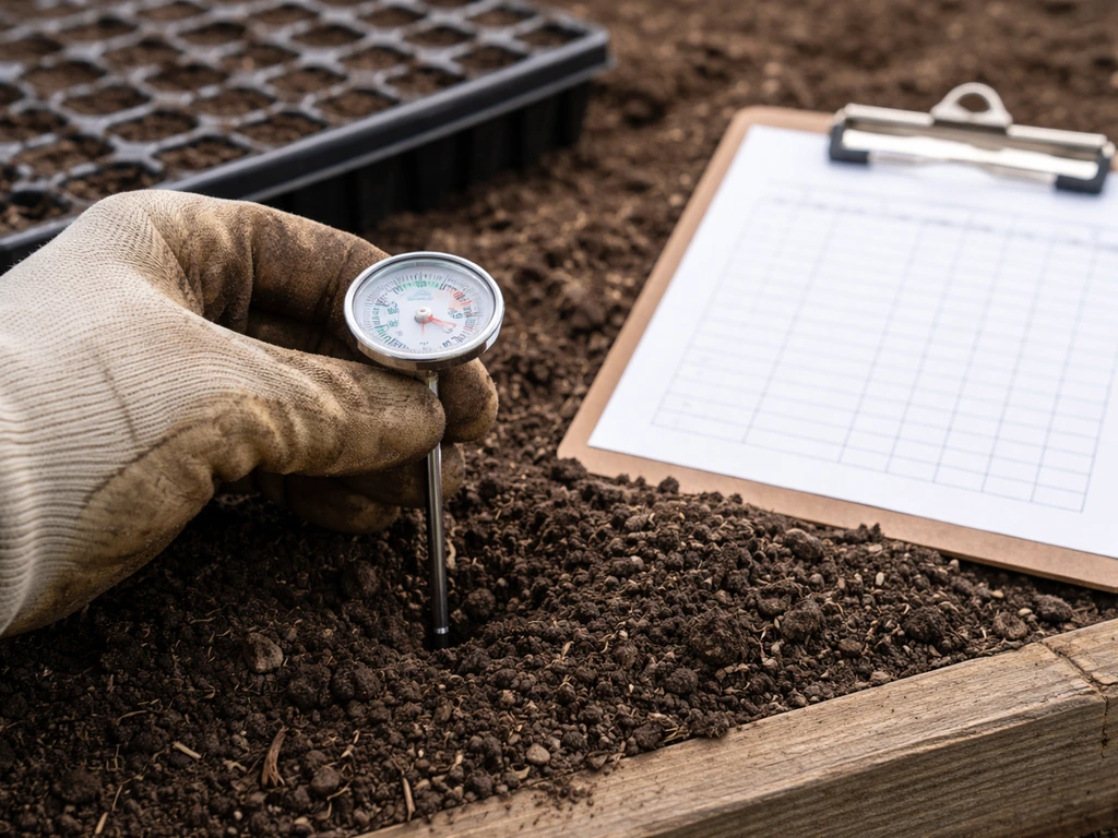 Gloved hand inserting a soil thermometer into dark soil with a clipboard germination schedule nearby.