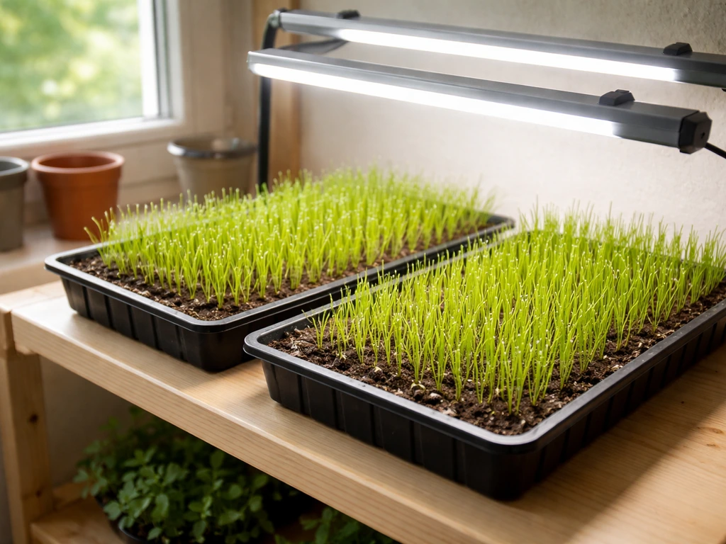 Shallow tray of fresh grass seedlings under grow lights on a shelf near a window indoors.