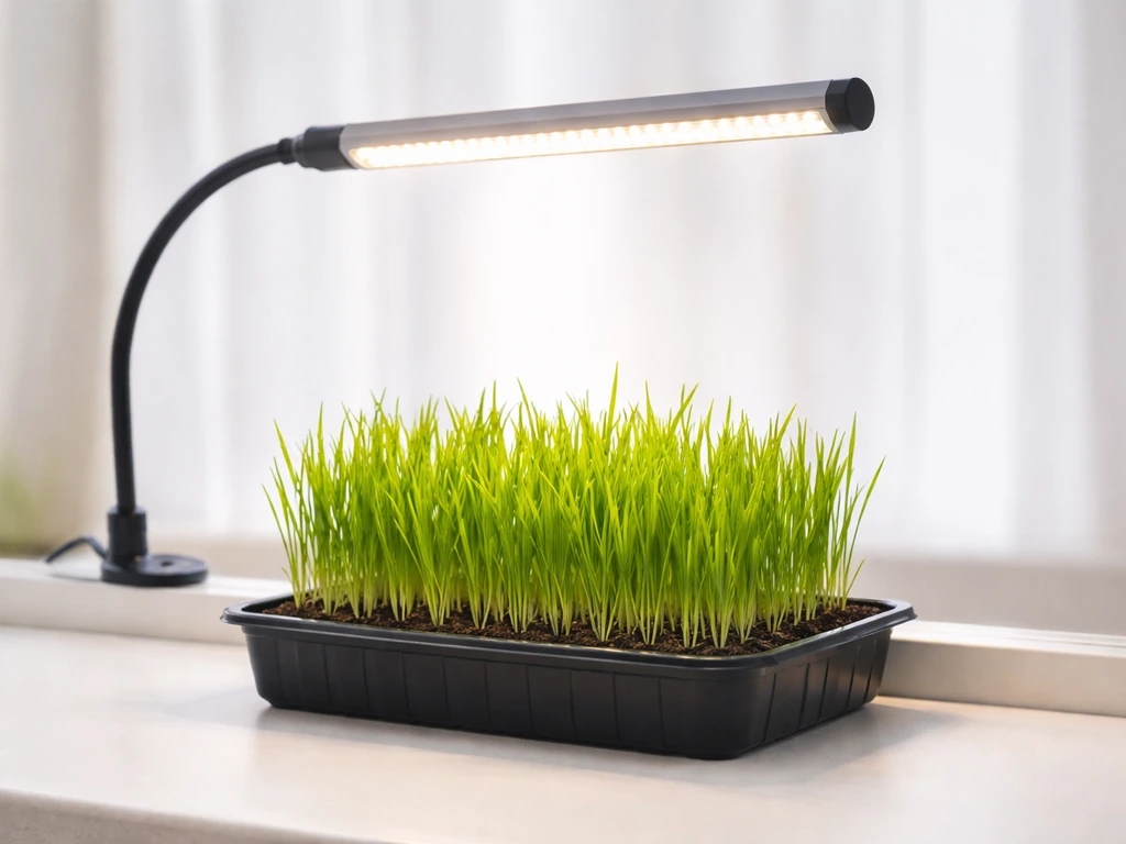 Indoor grass seedlings under a lit grow light on a windowsill or countertop.