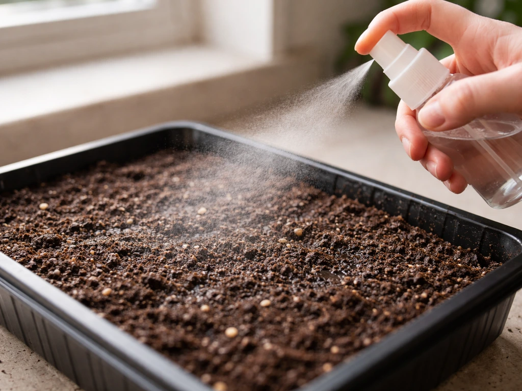 A misting spray lightly waters a shallow indoor soil tray, surface darkened but no pooling.