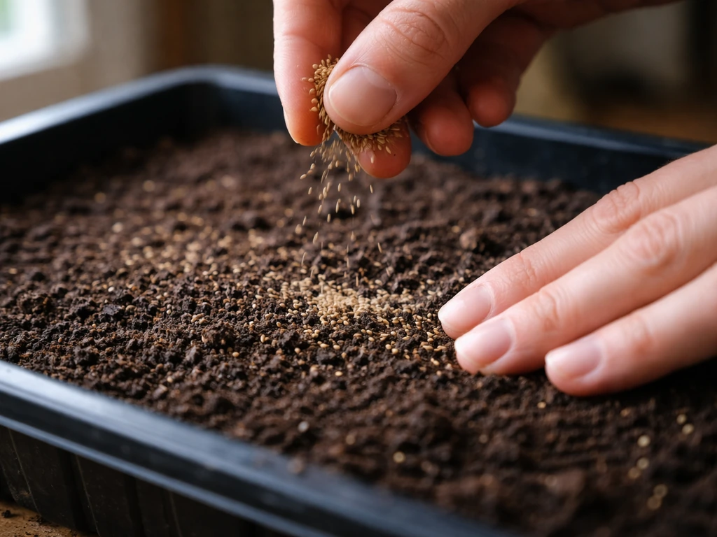 Close-up of hands sowing tiny grass seeds into a shallow indoor tray with moist soil.