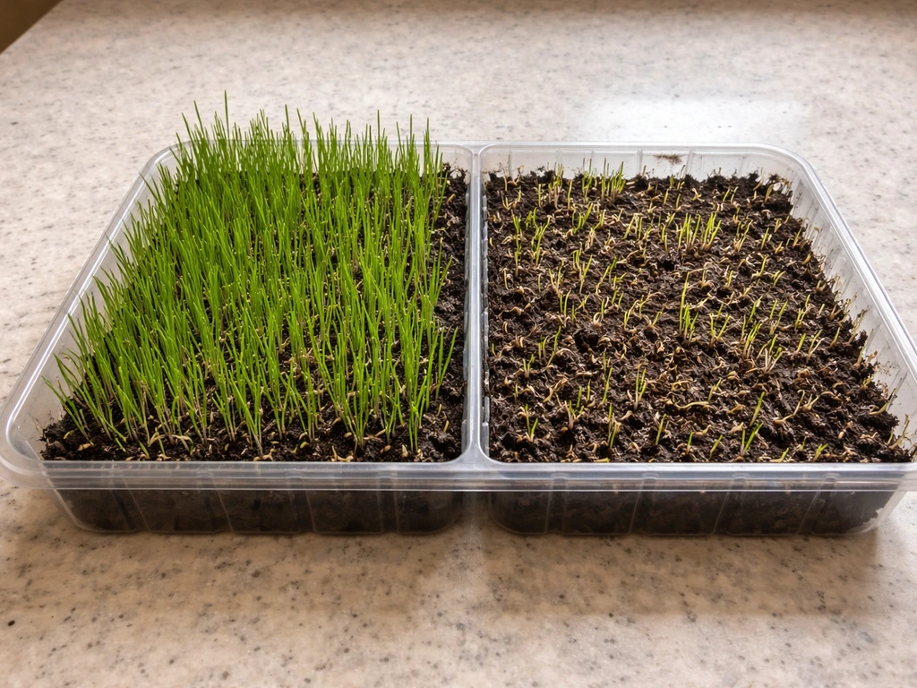 Seed tray split: one side healthy green ryegrass sprouts, the other sparse pale seedlings.