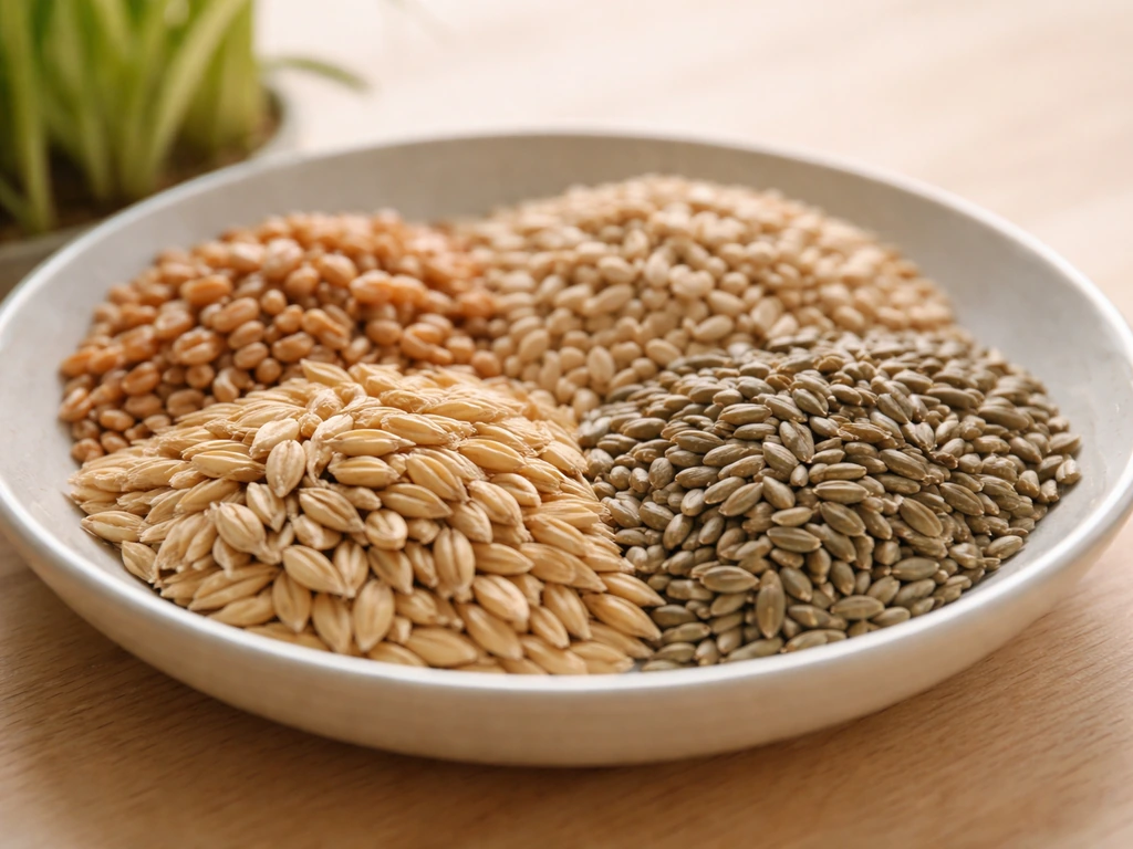 Close-up of wheat, barley, oat, and rye seeds in a bowl with a faint sprout in the background.