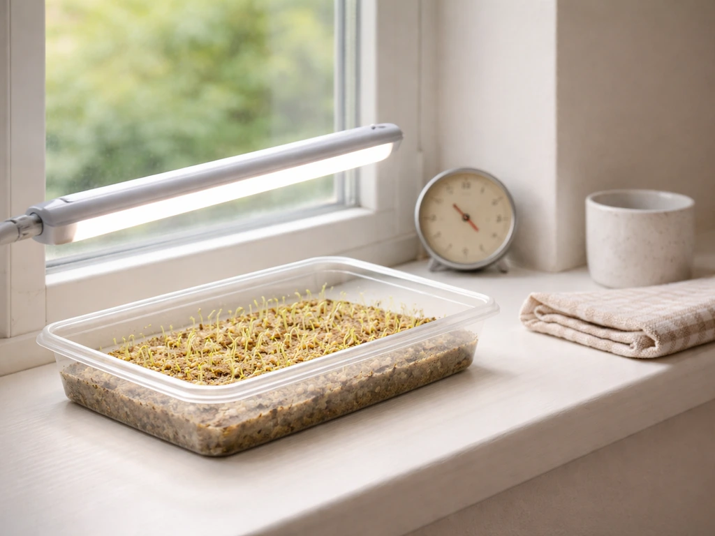 Indoor seed tray by a bright window with a thermometer nearby and a grow light angled at the tray.