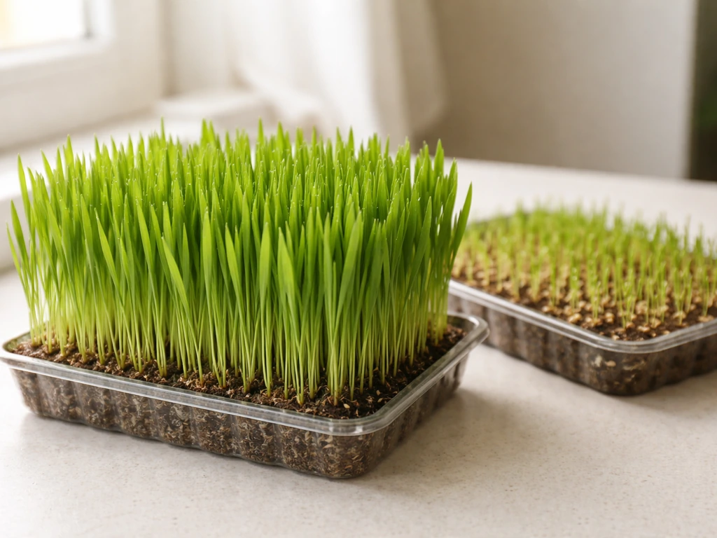 Fresh 6-inch cat grass blades beside a tray of new seedlings for successive sowing