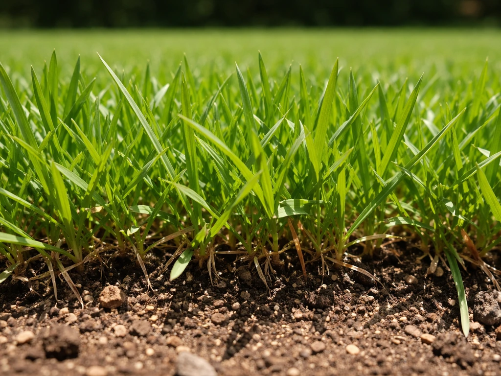 Bermuda grass in bright sun with warm, dark soil visible at the base, showing heat and full-sun growth