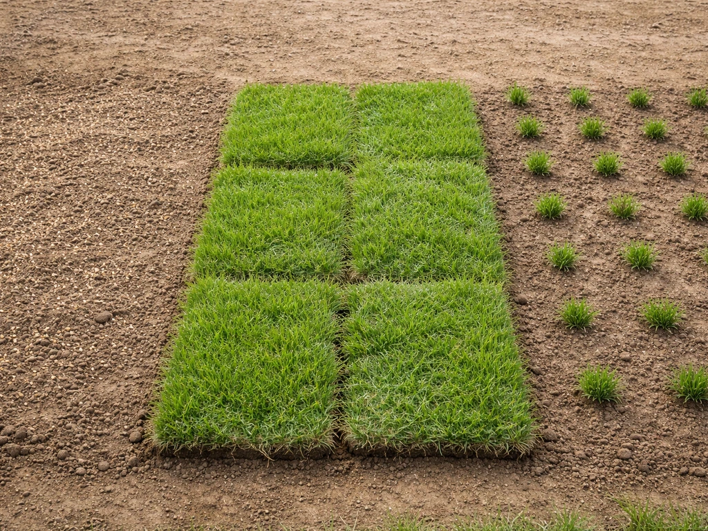 Three lawn sections side-by-side: fresh seed, newly laid sod, and planted grass plugs with different growth stages.