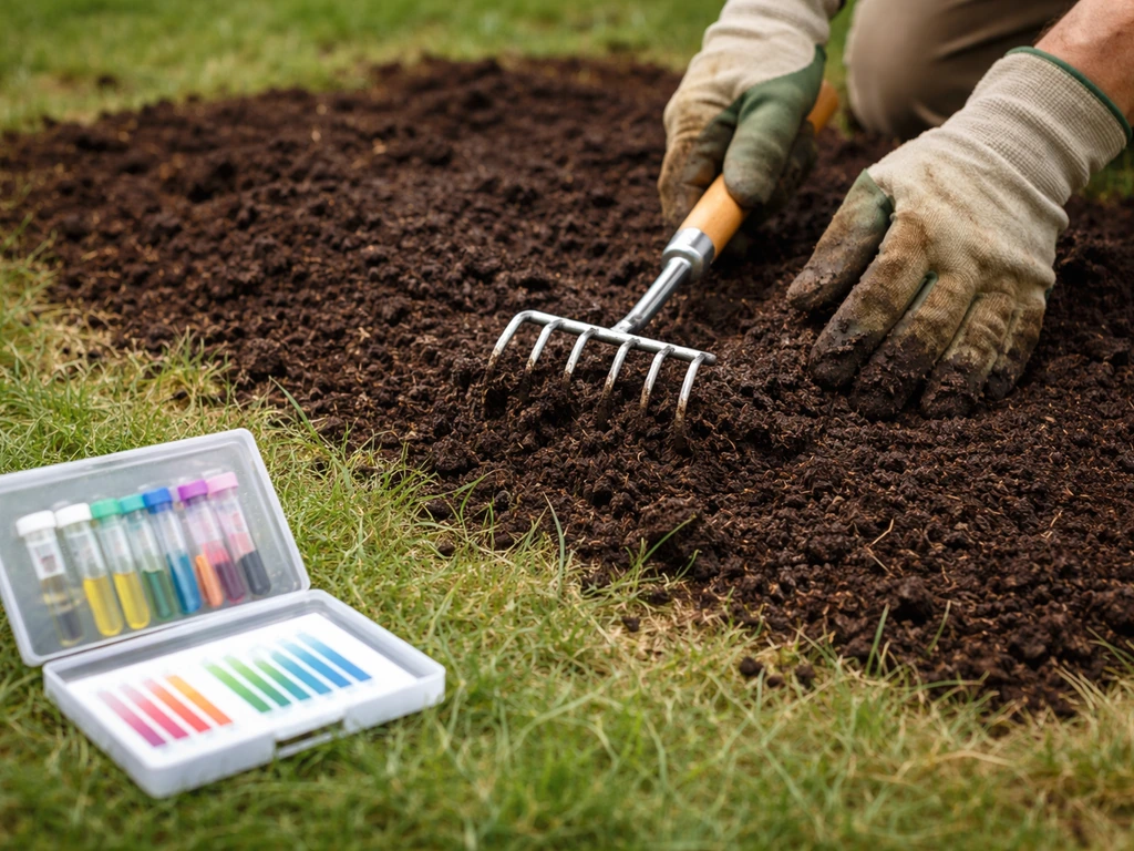 Gardener hands topdressing compost on lawn with a visible soil test kit and pH color card nearby.