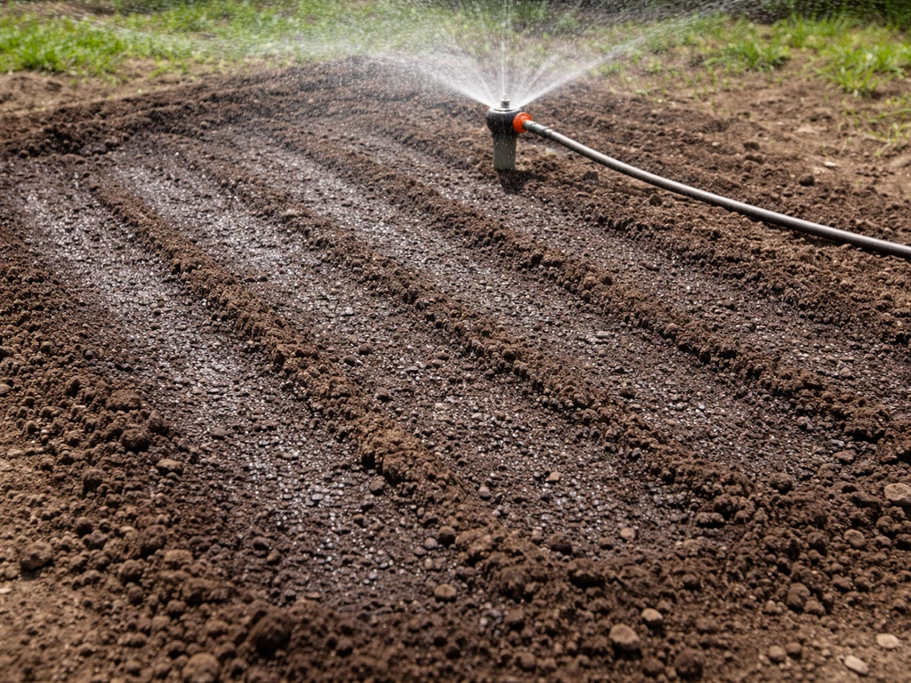 Light sprinkler spraying a seeded garden bed, keeping the soil surface consistently moist.