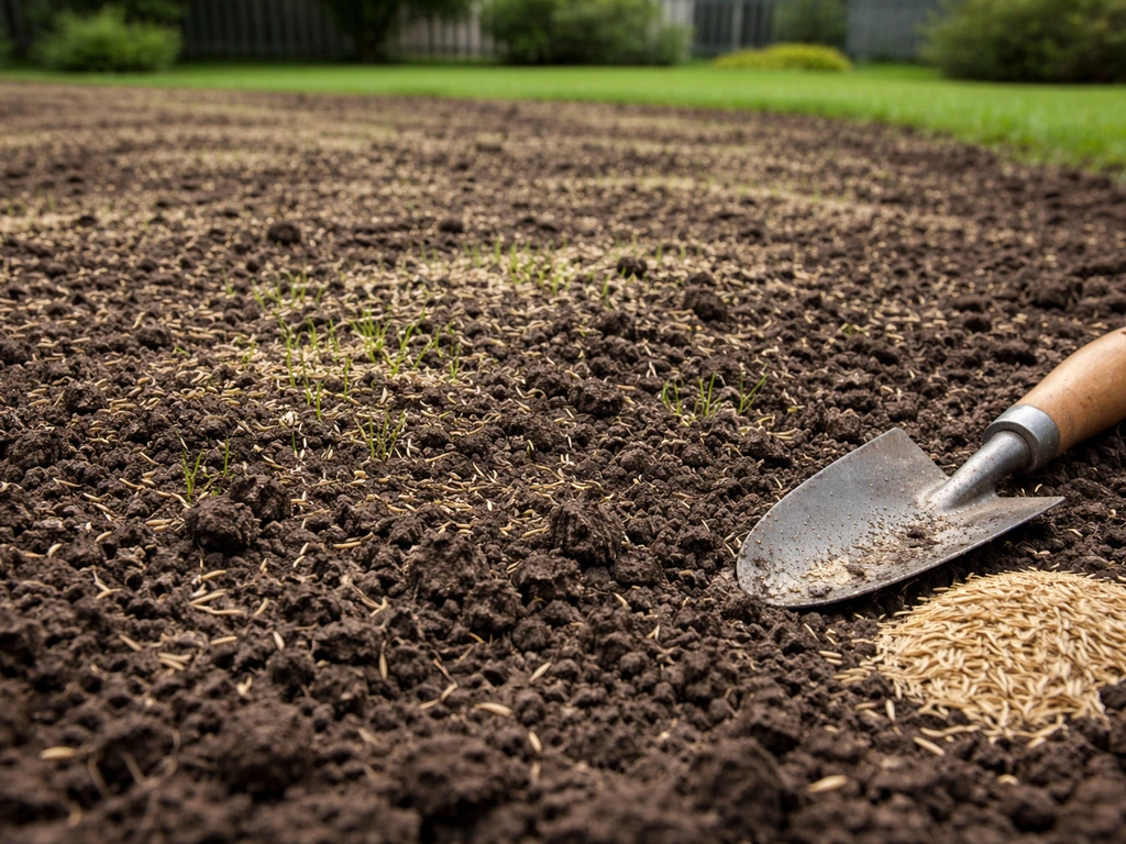 Fresh fescue seeds spread on prepared soil with small green sprouts emerging, showing seed-to-soil contact.