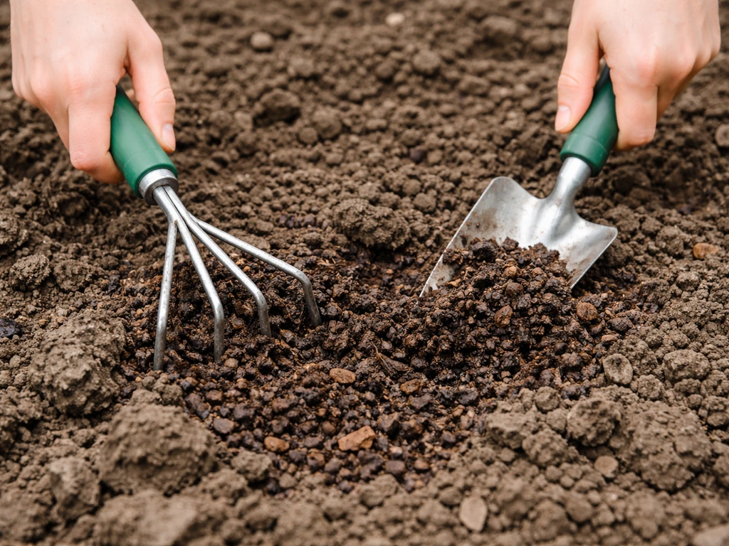 Close-up of garden rake loosening compacted clay soil with small amendments being worked in