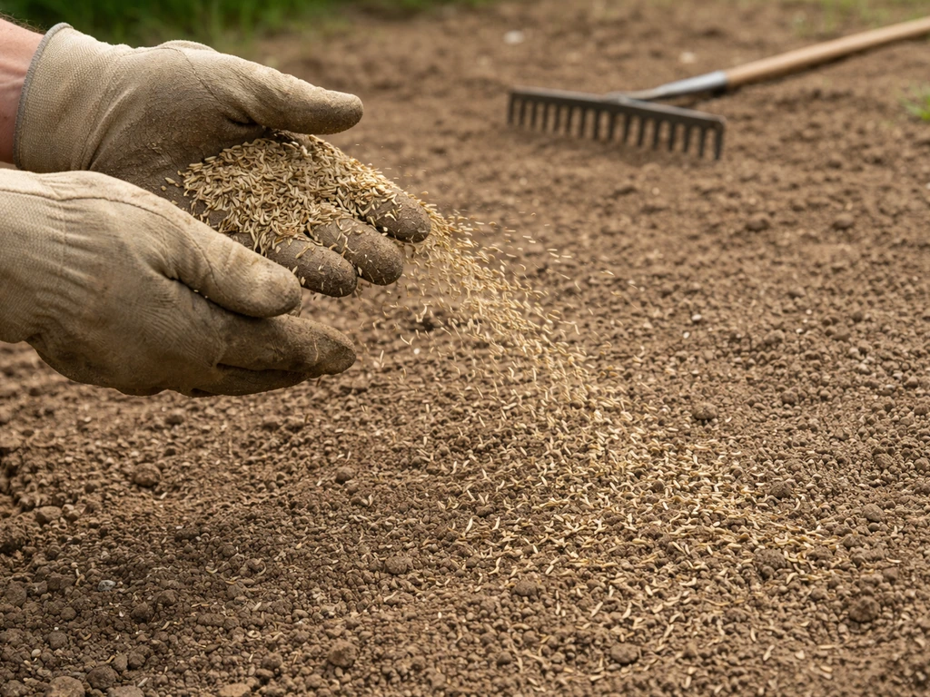 Gloved hands scattering tall fescue seed over a prepared soil bed.