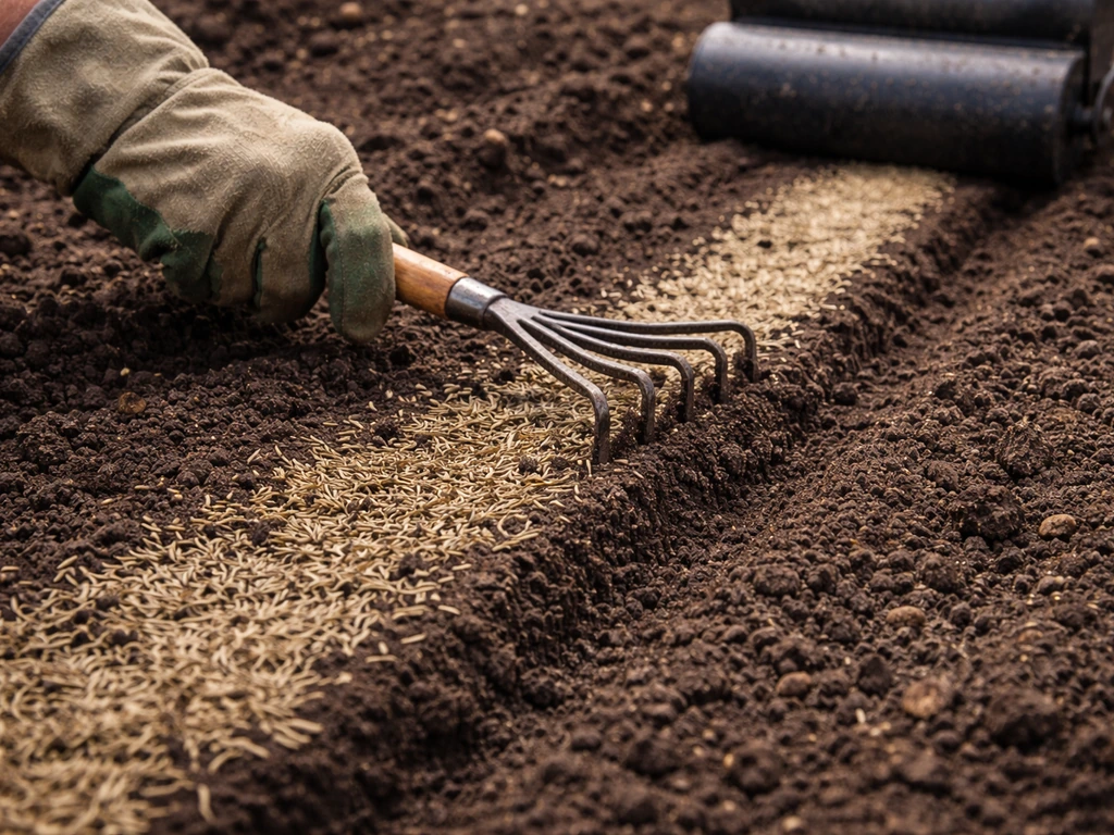 Close-up of fescue seed lightly covered into soil about 1/4 inch with rake for firm seed contact.