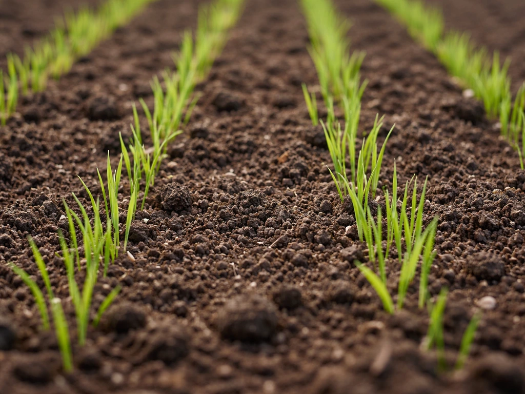 Close-up of young fescue seedlings in neat rows with fresh green growth in a simple soil bed