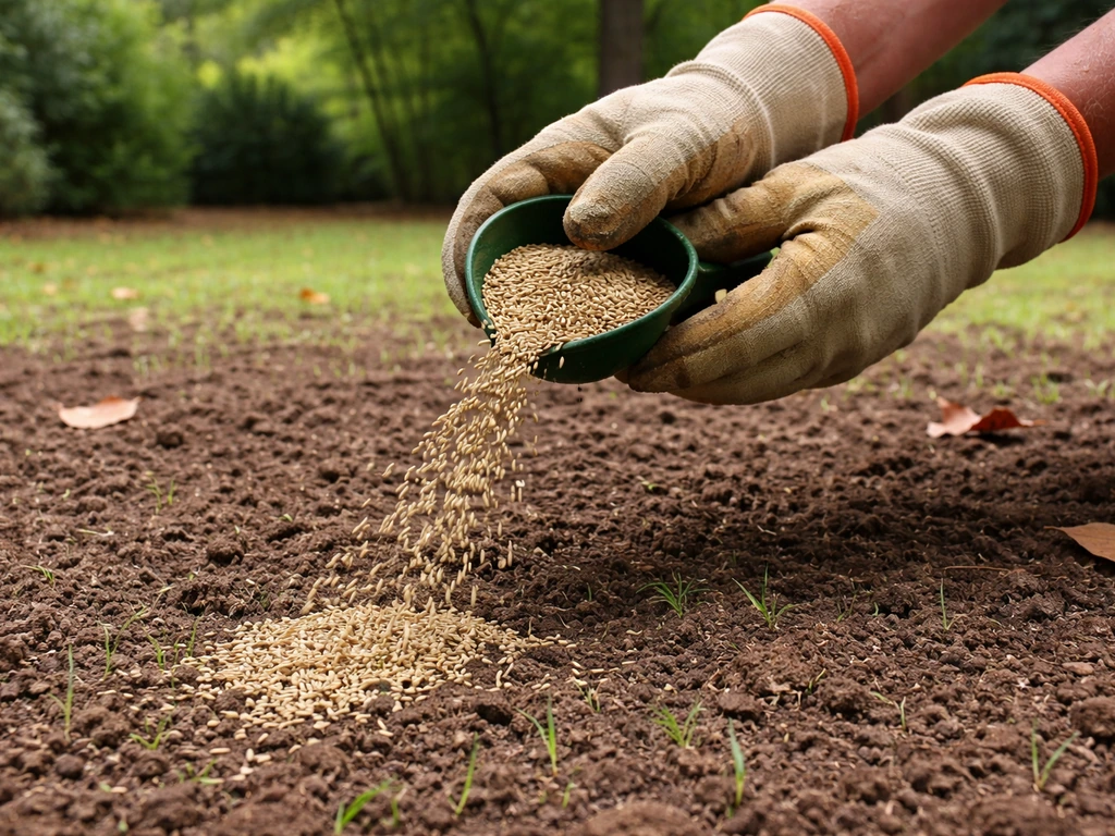 Gloved hands spreading tall fescue seed on a raked Georgia lawn in early fall sunlight.