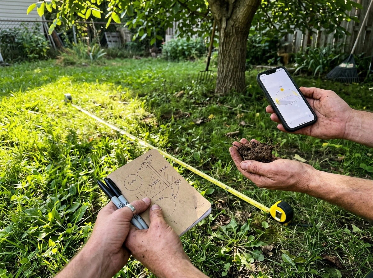 Measuring sun and checking yard conditions for choosing the right grass type