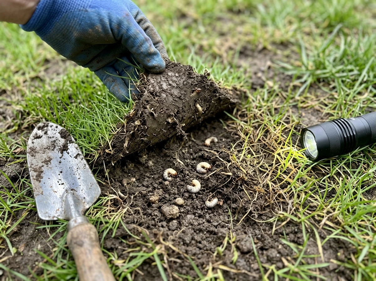 Checking seeded lawn for pests by lifting turf and inspecting for grub damage