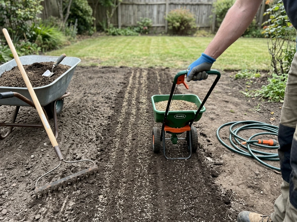 Spreading grass seed over a freshly prepped seedbed with rake and topdressing