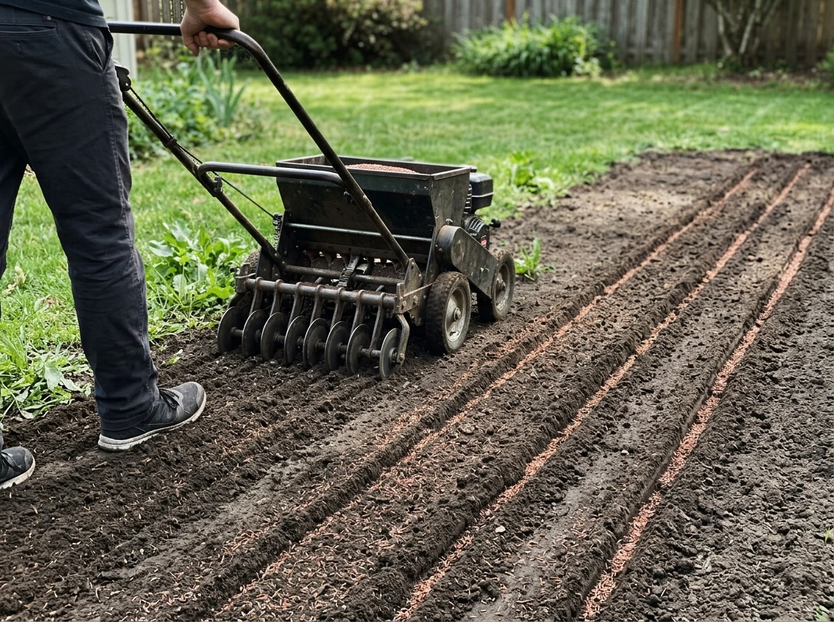 Slice seeder creating furrows for even grass seed coverage on a prepared bed.