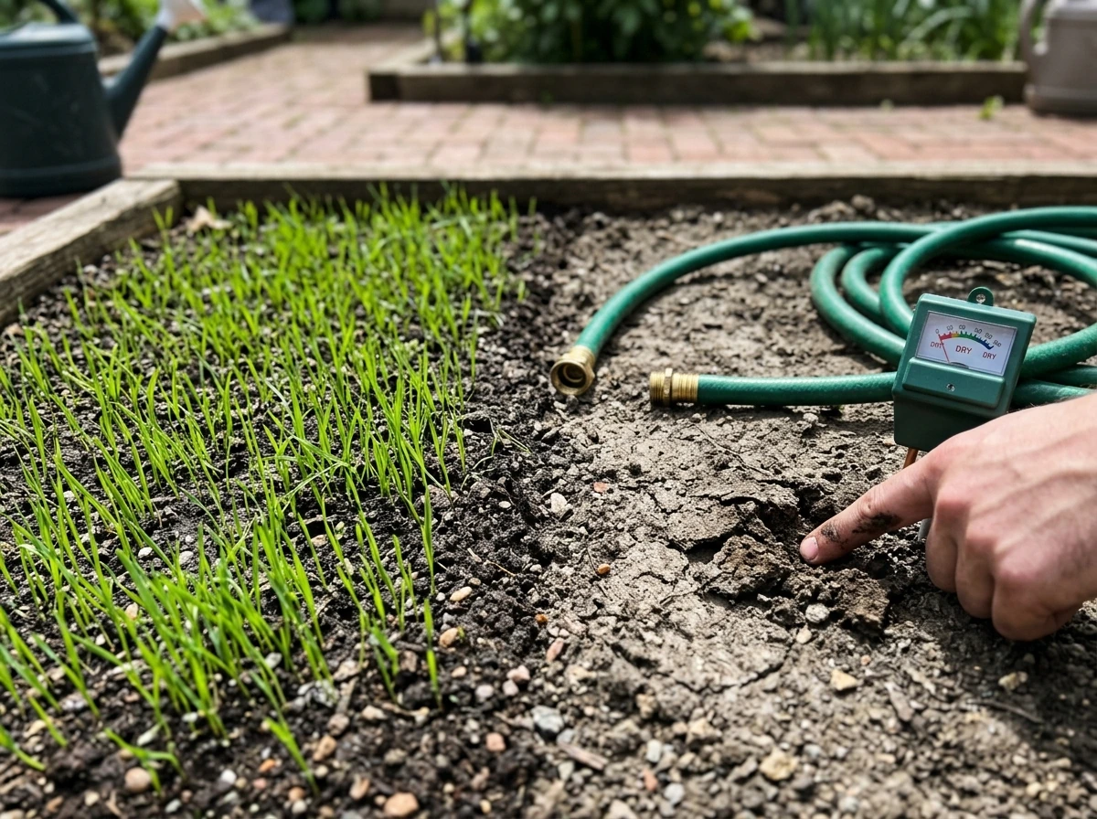 Bare vs sprouting seed areas with watering hose and soil moisture check for troubleshooting.