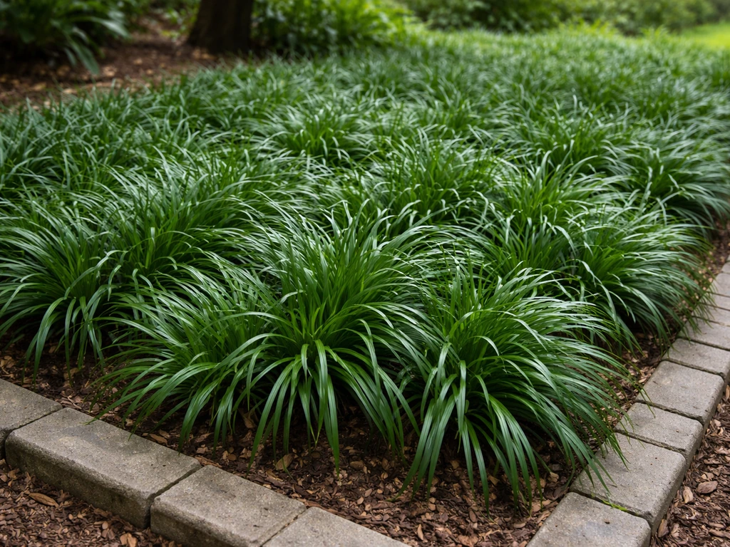 Dense mondo grass filling a shaded garden bed with clean edging and healthy green blades.