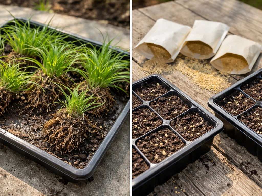 Side-by-side view of mondo grass clumps with roots and separate trays with grass seed in soil.