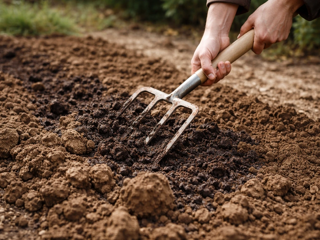 Hands using a garden fork to loosen heavy clay soil, adding compost to improve drainage for planting