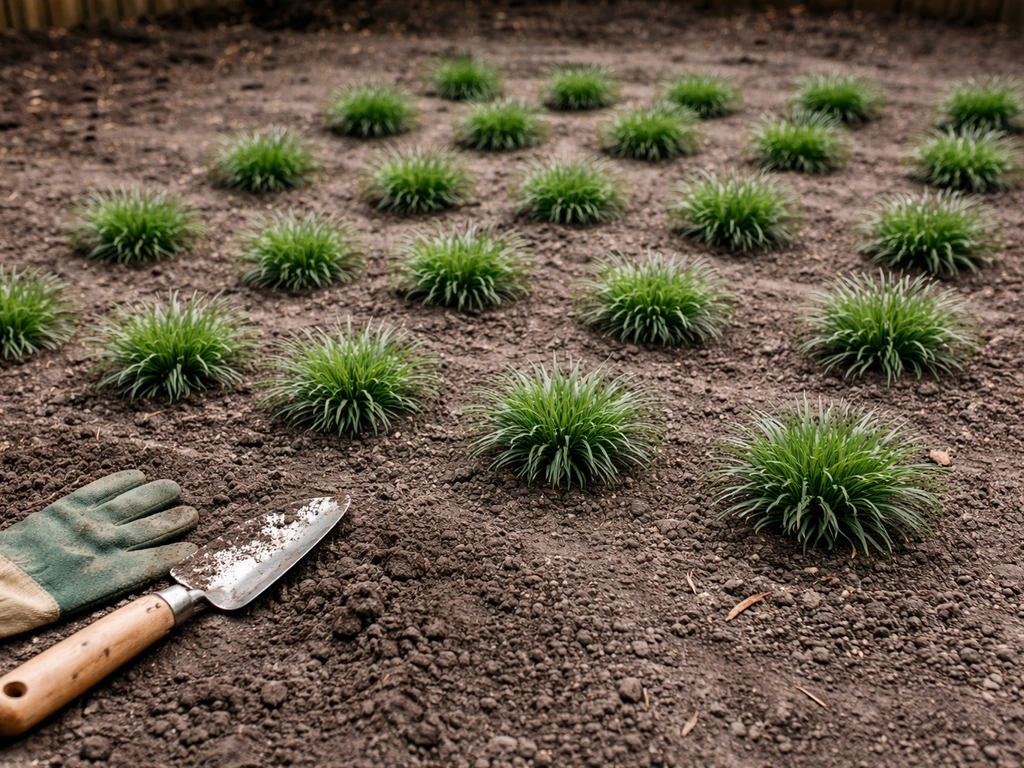 Mondo grass divisions spaced in neat rows on bare soil, ready for dense coverage.