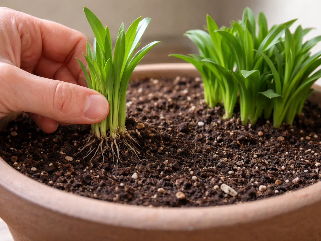 Gardener gently tugs a newly planted plant clump to check if it’s rooted, with a nearby healthy clump.