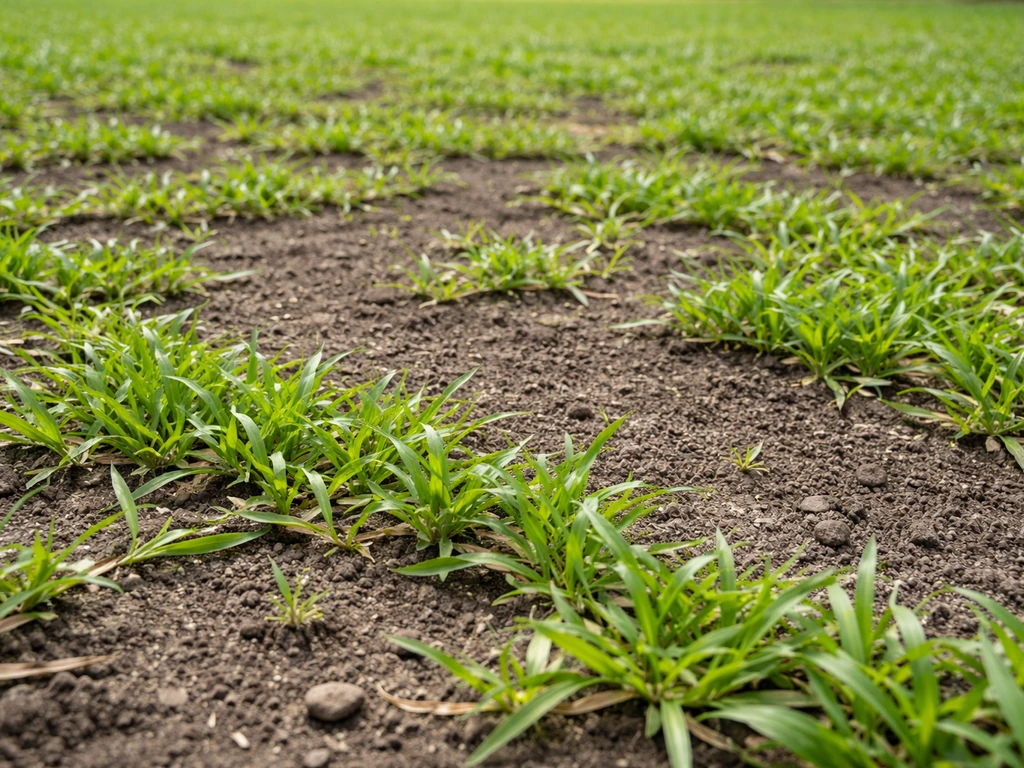Ground-level view of fresh Carabao grass filling in bare soil with lush green blades in natural light.