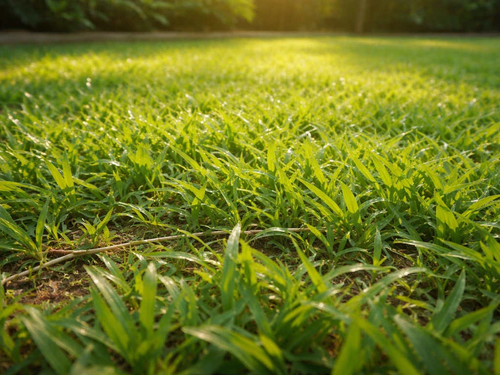 Sunlit Carabao grass showing creeping stolons and dense spreading in a quiet home yard.