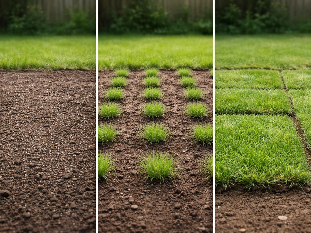 Three-stage lawn establishment comparison: bare seedbed, small grass plugs, and partially laid sod.