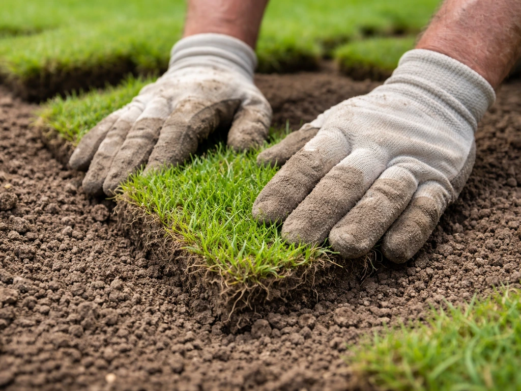 Gloved hands pressing fresh sod plugs into prepared soil with roots contacting the ground