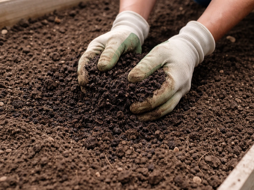 Gloved hands mixing compost into freshly tilled soil in a small garden bed