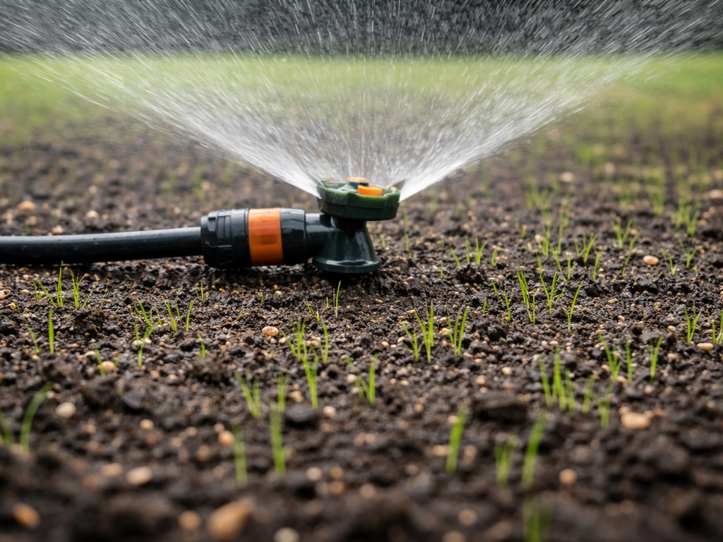 Sprinkler gently watering newly seeded lawn, keeping the top soil surface moist without puddling.
