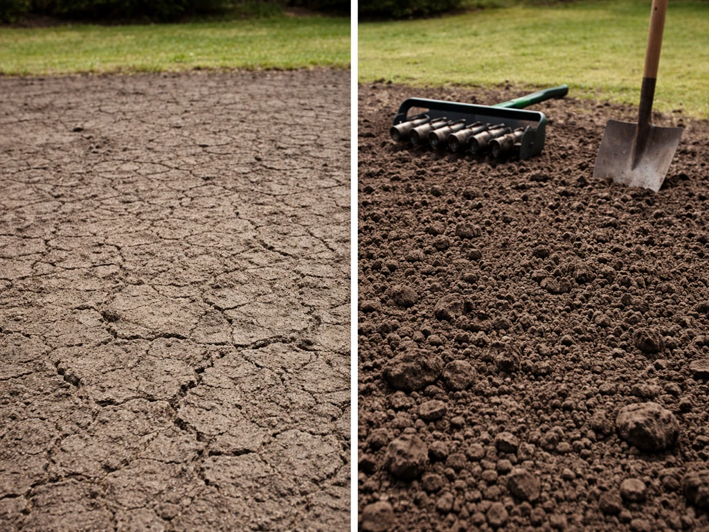Split view of compacted crusty hard soil and a freshly loosened seedbed with lawn tools ready for seeding