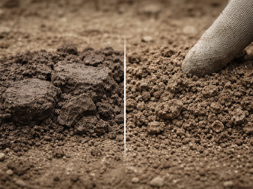 Close-up comparison of dense compacted soil and crumbly loose soil with visible air gaps.