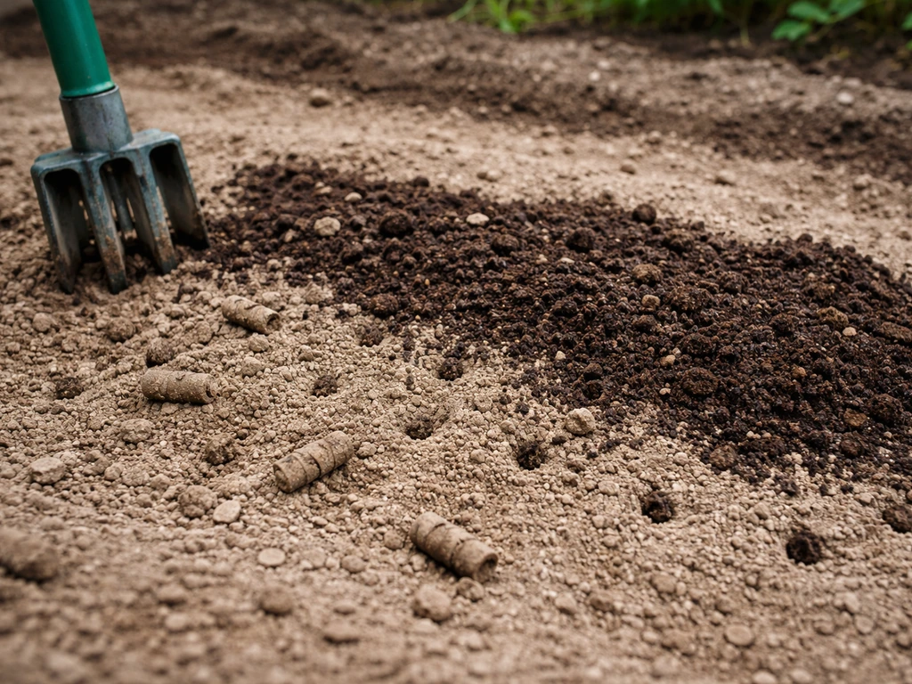 Garden soil with core aeration holes and dark compost being spread over a prepared seedbed.