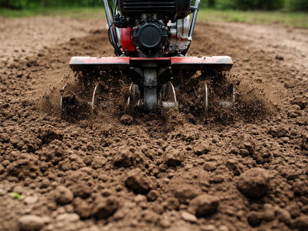 Rototiller actively breaking up compacted soil in a garden bed, leaving loosened, churned earth behind.