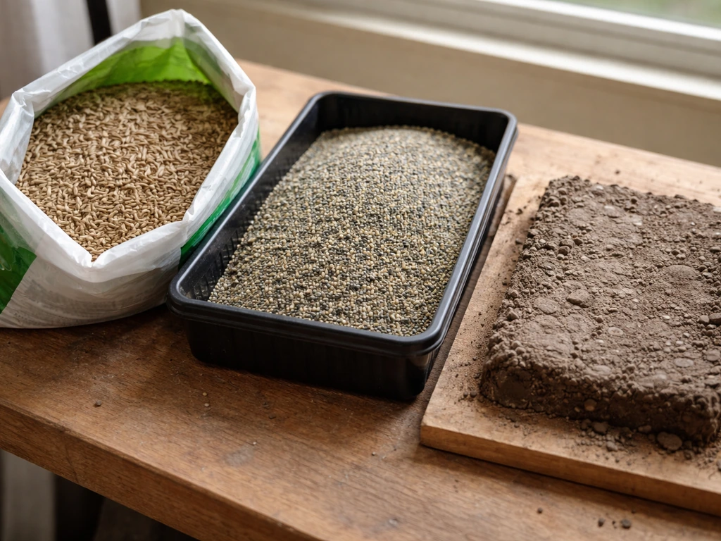 Open tall fescue seed bag and bluegrass tray beside compacted hard soil on a simple workbench.