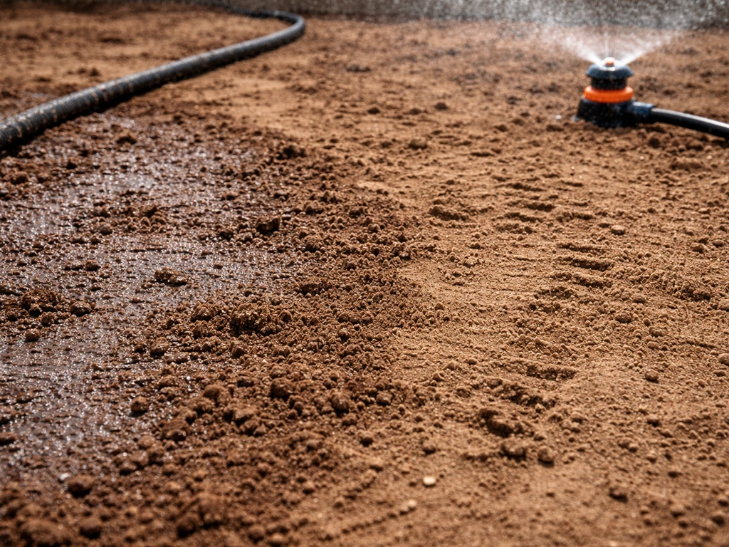Sprinklers watering compacted soil with damp top layer and drier patches in the foreground