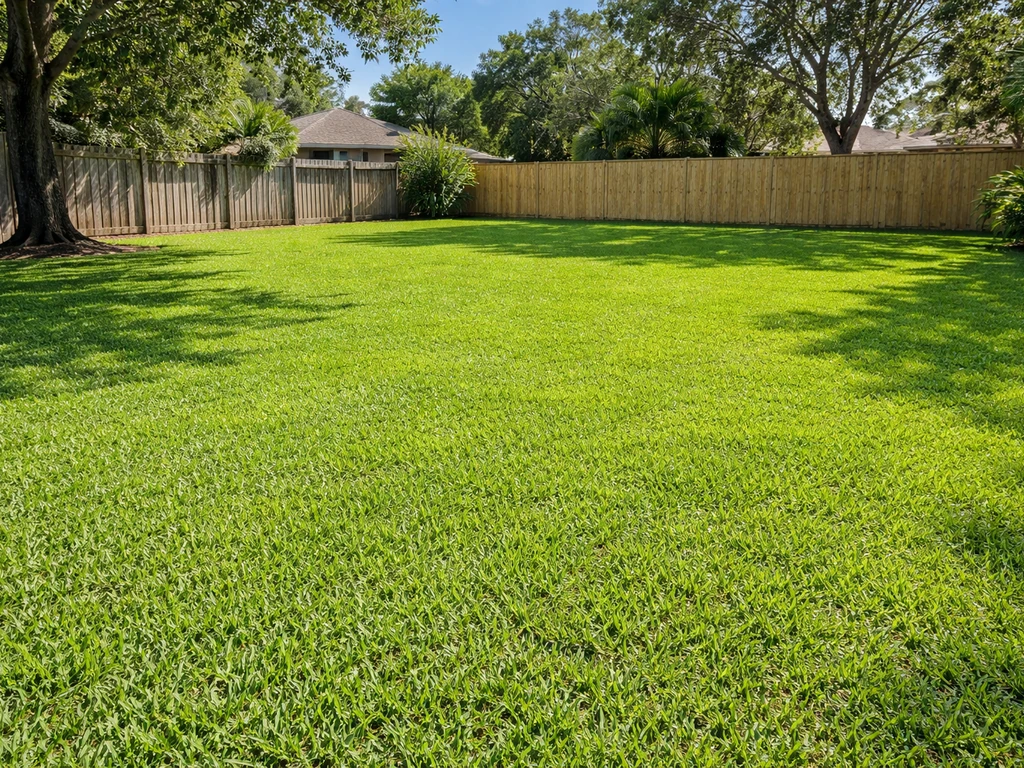 Sunny Florida backyard lawn with fresh, evenly established green warm-season grass coverage.
