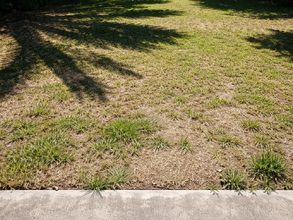 Patchy Florida lawn with uneven grass growth under harsh summer sun and strong shade contrast.