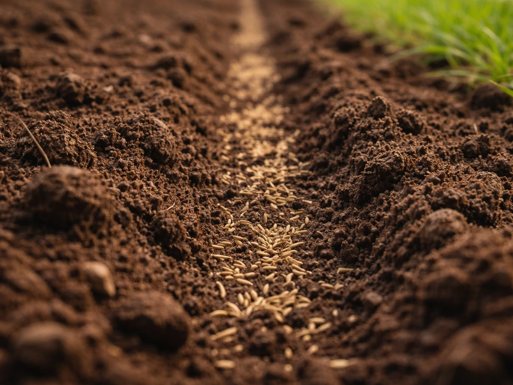 Close-up of warm-season grass seeds resting on freshly prepared, crumbly soil for planting