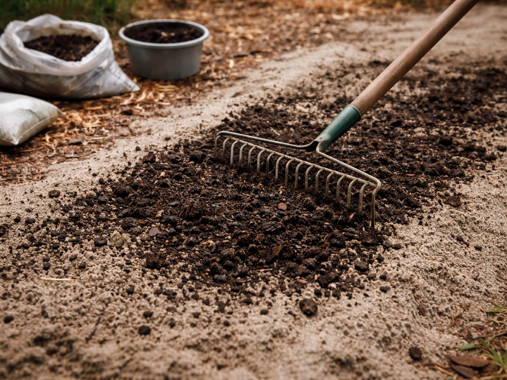 Garden rake mixing compost into sandy soil in a Florida garden bed